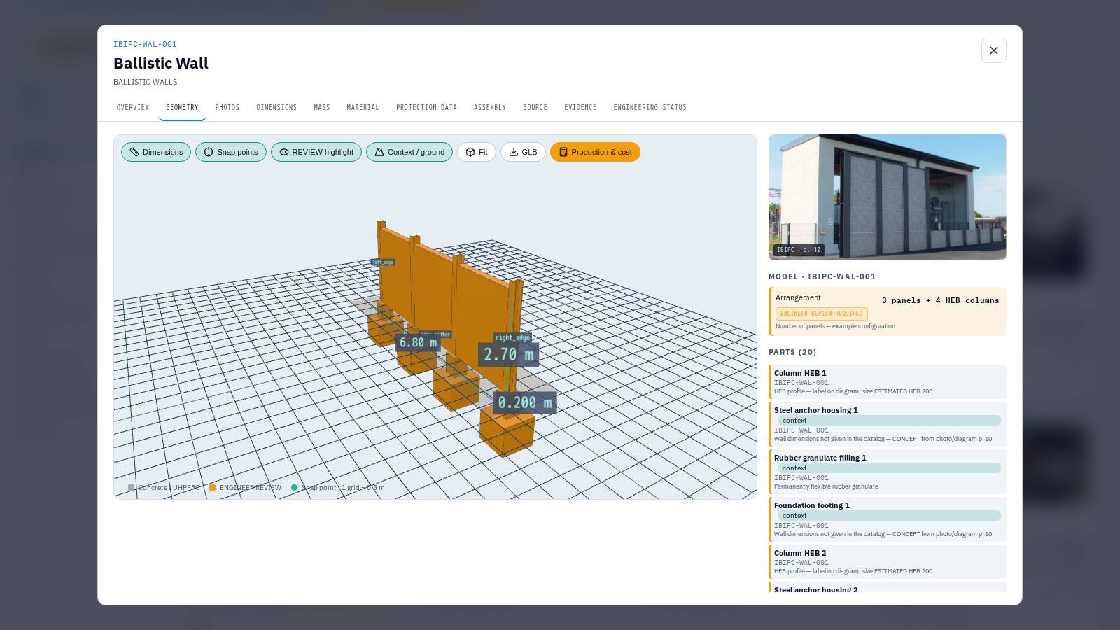 Fig. 18. Card IBIPC-WAL-001 Ballistic Wall: 3D with dimensions and docking points, photos, composition of parts