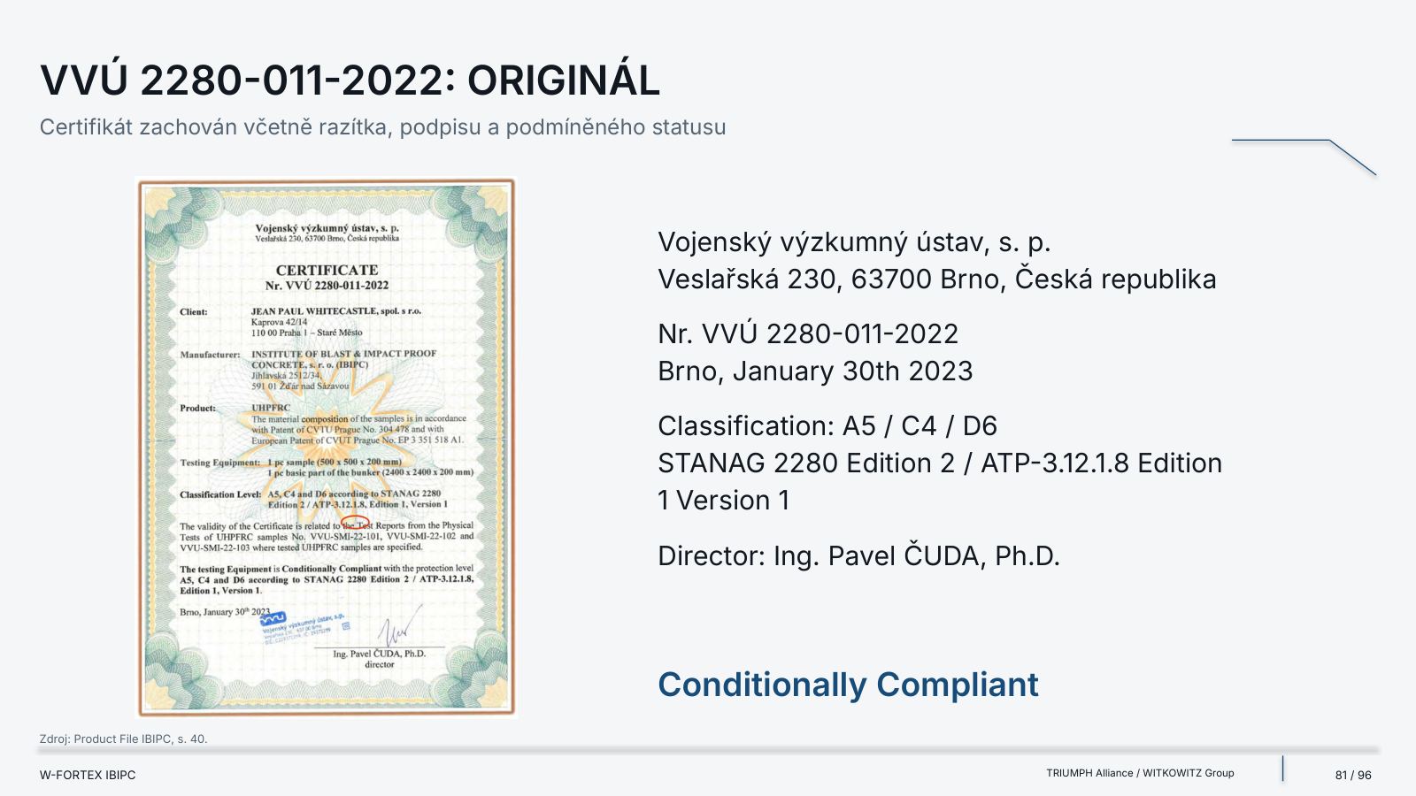 VVÚ 2280-011-2022: originál certifikátu spolu s razítkem, podpisem a podmíněným stavem.