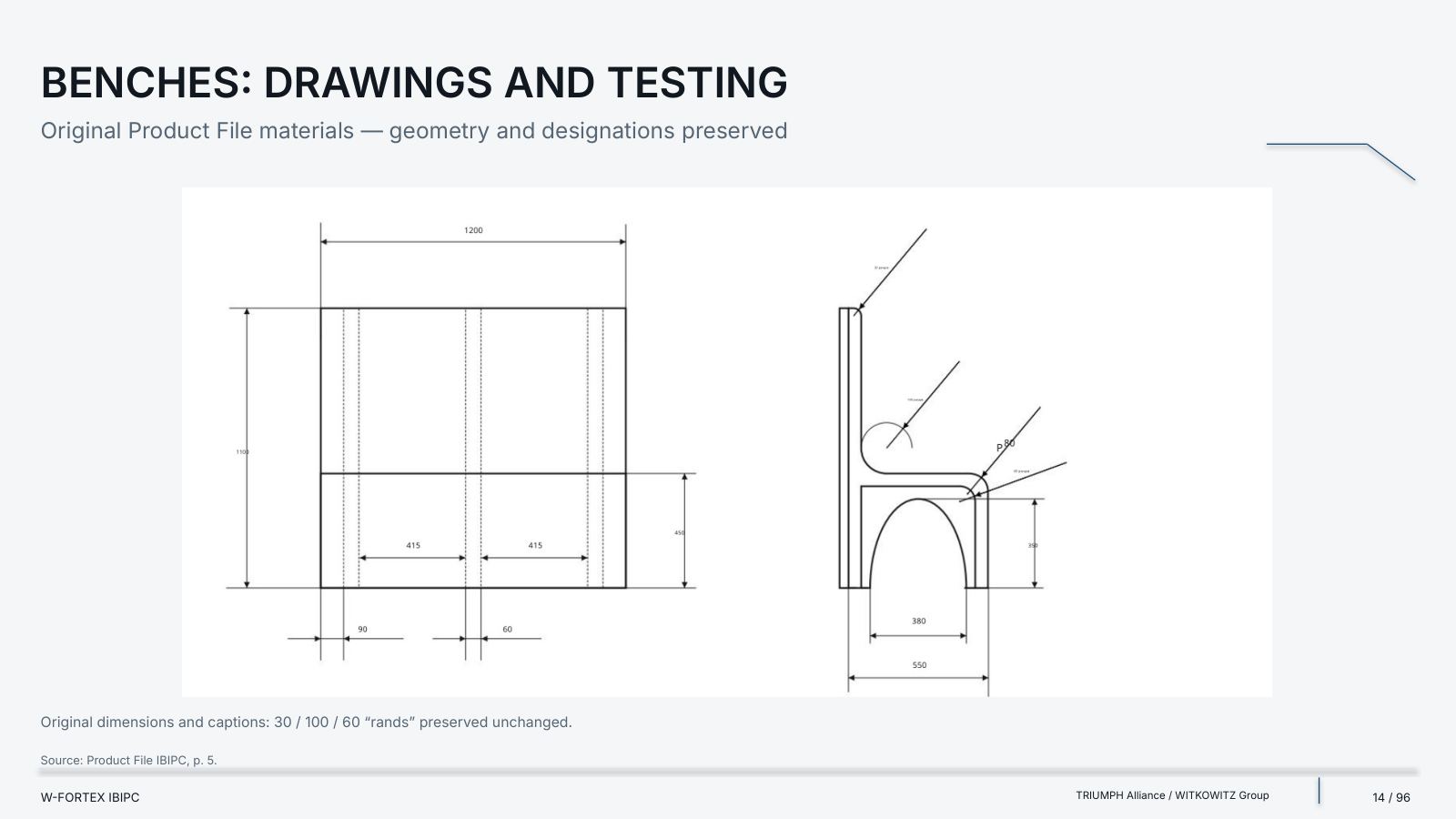 Ballistic benches: drawings and tests. Original Product File materials — geometry and designations preserved.