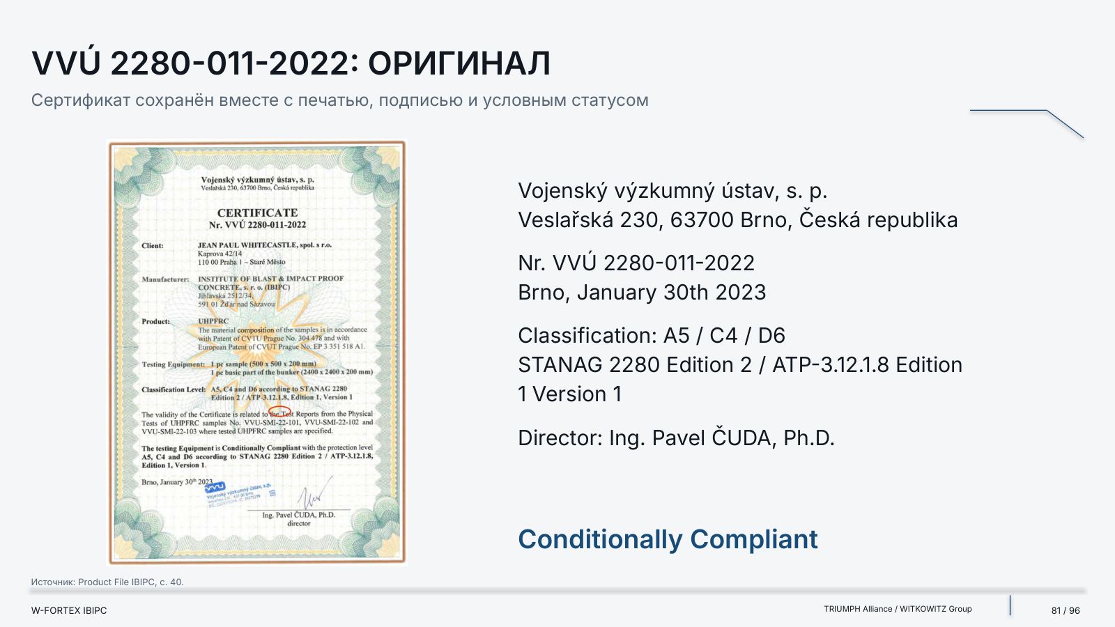 VVÚ 2280-011-2022: оригинал сертификата вместе с печатью, подписью и условным статусом.