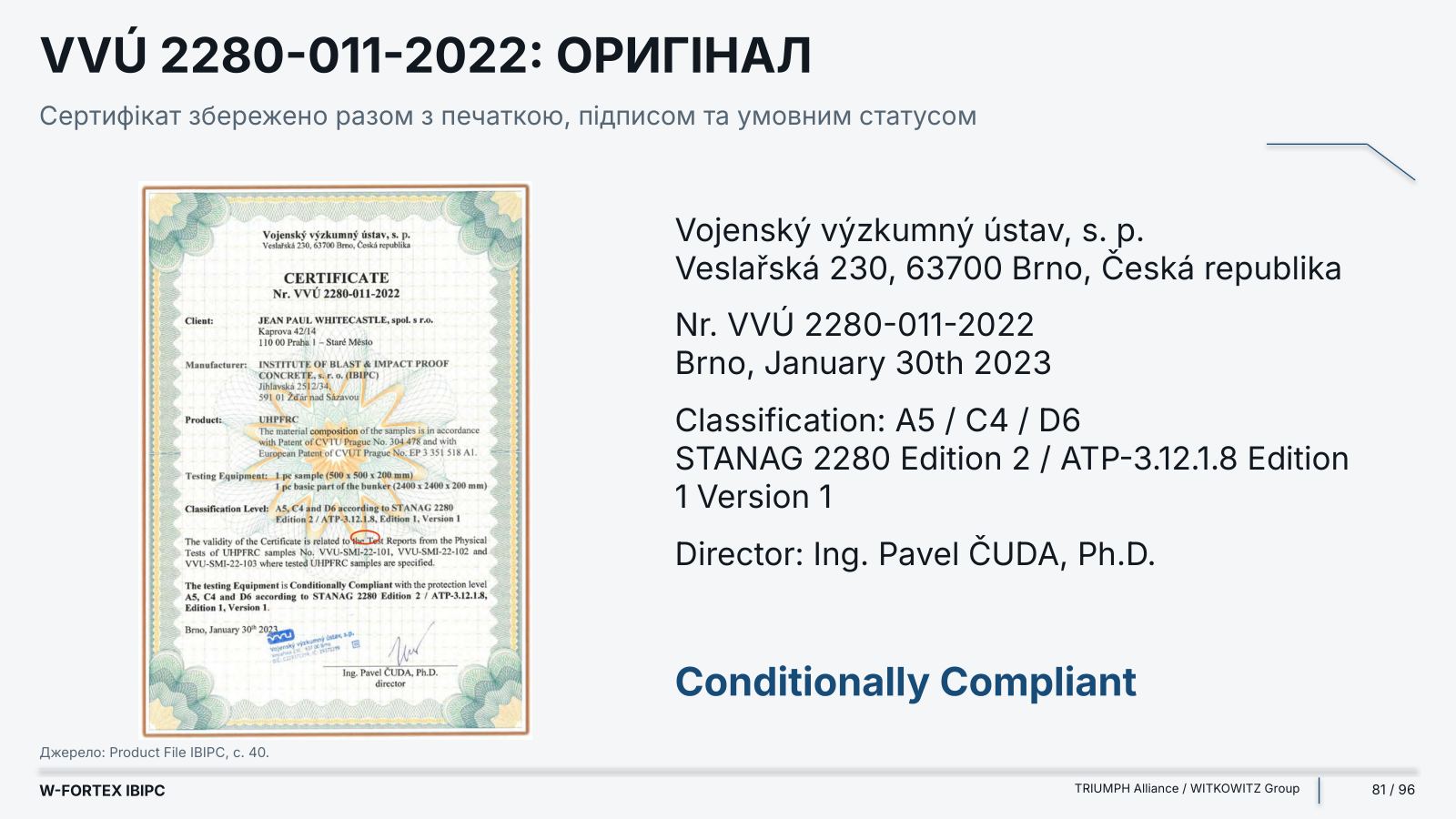 VVÚ 2280-011-2022: оригінал сертифіката разом з печаткою, підписом та умовним статусом.